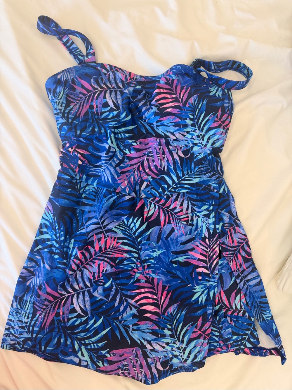 Tropical Leaf Blue & Pink One-Piece Swimdress